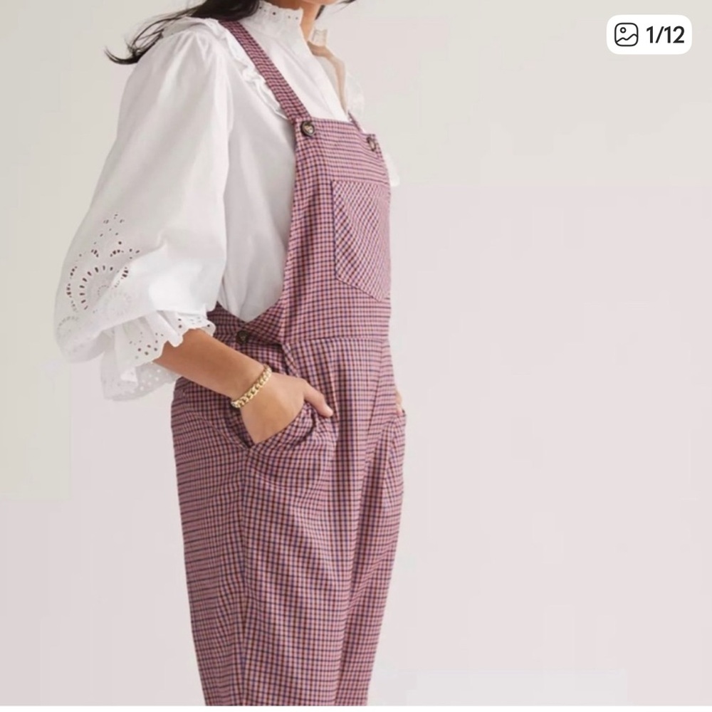 Anthropologie FRNCH Pink Purple Paris Plaid Tapered Stylish Jumpsuit Overalls XS - Picture 1 of 16